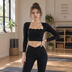 Дамски спортен комплект топ с дълъг ръкав и клин, черен